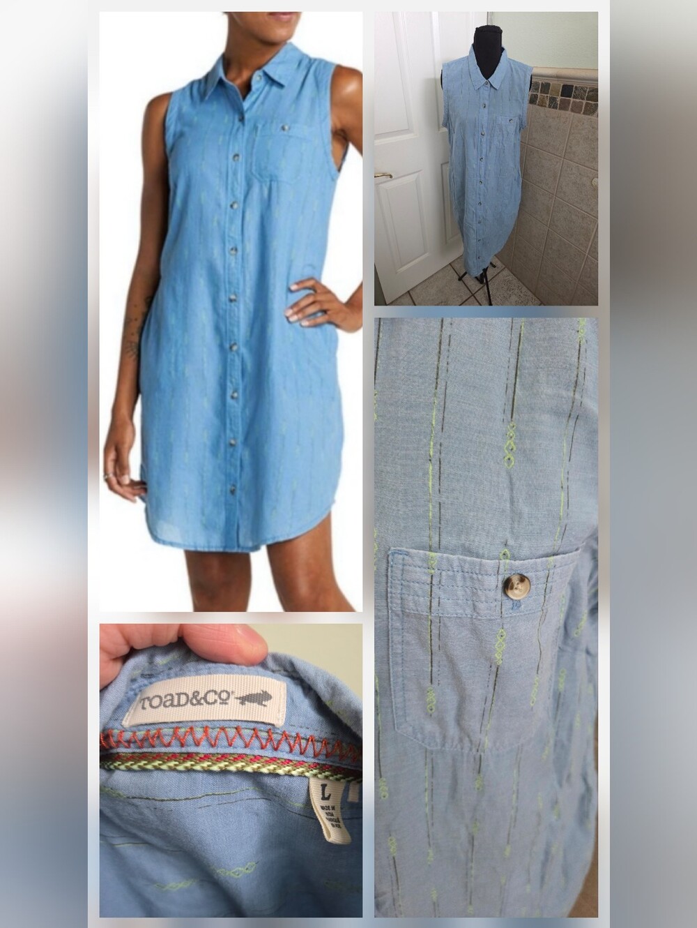 Toad&Co Organic Cotton Sleeveless Blue Button-Front Mini Dress Green Detail Lg.